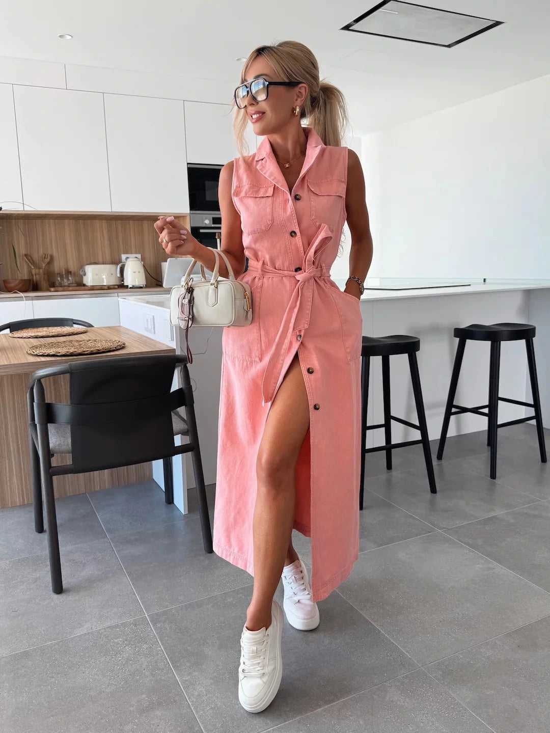 Lena-Solid Denim Dress with Buttoned Pockets