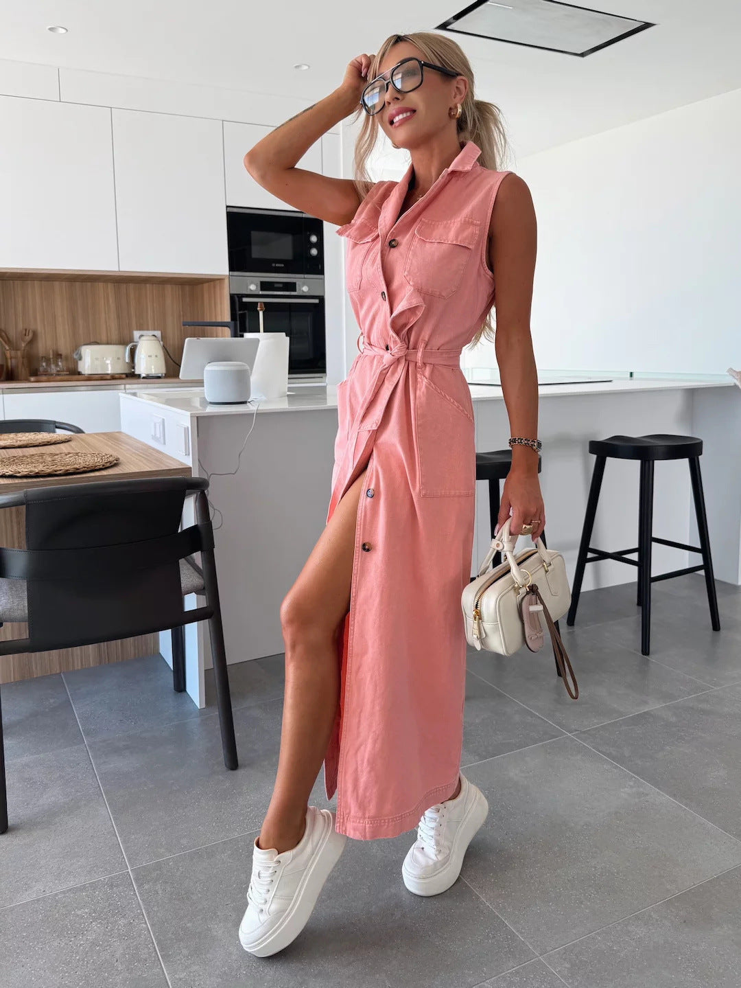 Lena-Solid Denim Dress with Buttoned Pockets