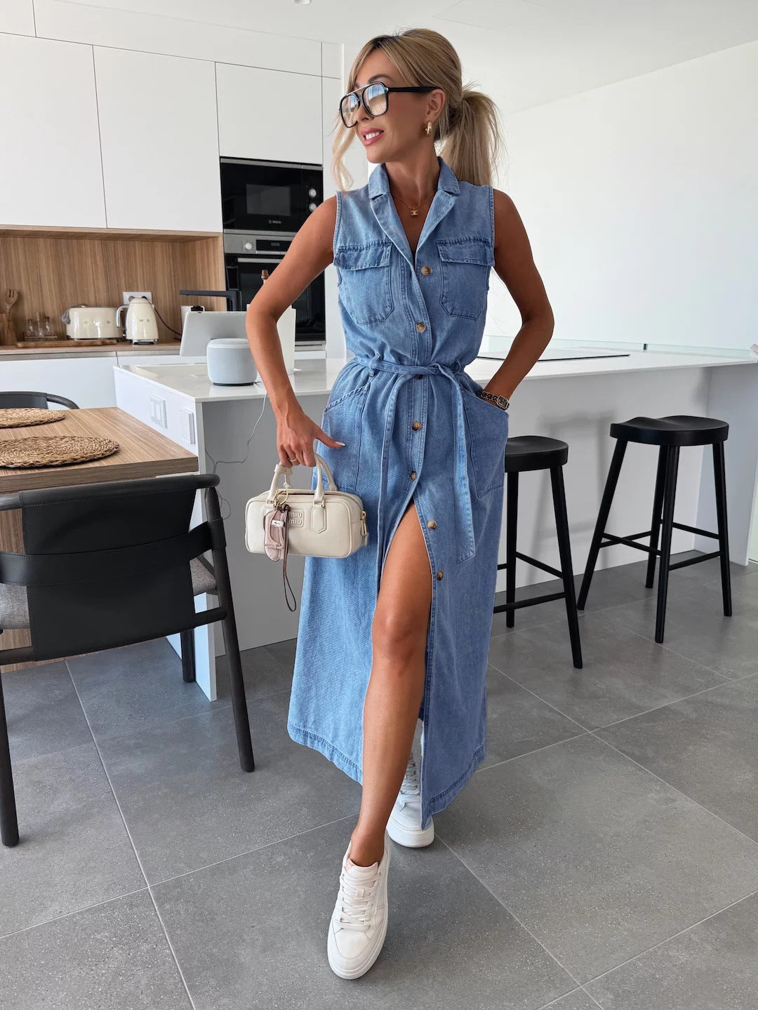 Lena-Solid Denim Dress with Buttoned Pockets